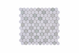 Green and beige penny round marble mosaic tile with honed finish by Mythology Tile, showcasing intricate pattern and smooth surface.