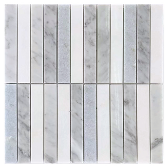 Natural stone tile mosaic featuring blue mix, Carrara, and Thassos marble in a stacked 12x12 pattern by Roca.