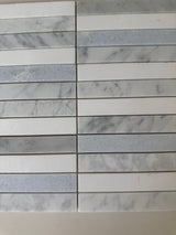 Argentina Celest Carrara and Thassos stacked mosaic used as an elegant backsplash