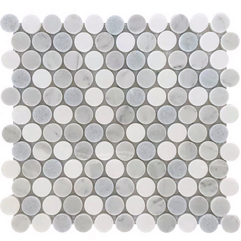 Natural stone tile from Roca, blue mix penny round 12x12 mosaic with small, circular tiles arranged in a vibrant mosaic pattern.