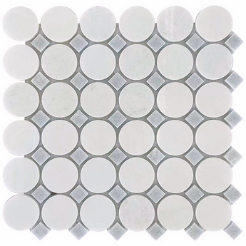 Roca Rockart Blue Mix Thassos Circle 12x12 mosaic natural stone tile with blue and white tones, circular pattern, and textured surface.