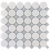 Roca Rockart Blue Mix Thassos Circle 12x12 mosaic natural stone tile with blue and white tones, circular pattern, and textured surface.