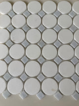 Natural stone tile by Roca featuring a blue mix Thassos circle mosaic for backsplash or wall decor, 12x12 inches.