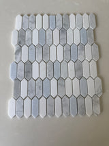 Blue and white Thassos mosaic tile by Roca, featuring a mix of natural stone picket design for floor or wall decoration.