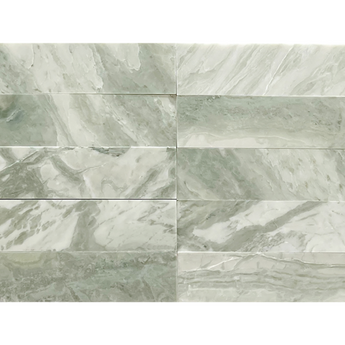 Green marble brick tile by Roca, natural stone with a polished surface, measuring 2x10 inches for wall or floor use.