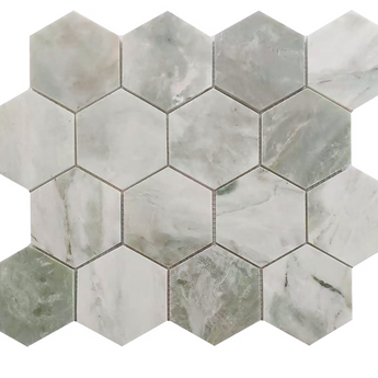 Roca Rockart green marble hexagon 12x12 inch natural stone tile mosaic showing polished green marble with hexagon shapes.