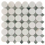 Natural stone tile by Roca featuring a green mix Thassos circle mosaic pattern, 12x12 inch size, suitable for wall or floor decor.