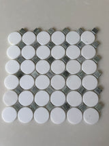 Natural stone tile mosaic featuring green mix Thassos circles from Roca, 12x12 inch size for feature walls.