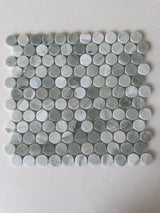 Rockart Green Mix Penny Round 12x12 mosaic featuring polished Green Valley natural stone
