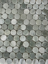 Green Mix penny round natural stone mosaic installed on a sophisticated shower wall
