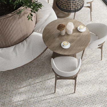 San Lorenzo natural stone mosaic tile sheet by Mir showing an 11x11 inch mosaic with varied earthy tones and textured stone surfaces.