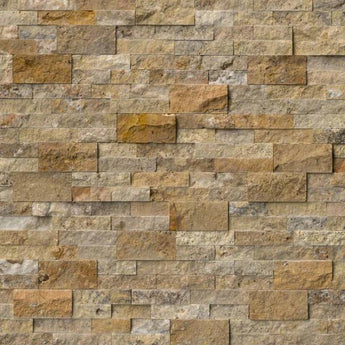 Scabos Travertine 6x24 Split Face Stacked Stone Ledger Panel.