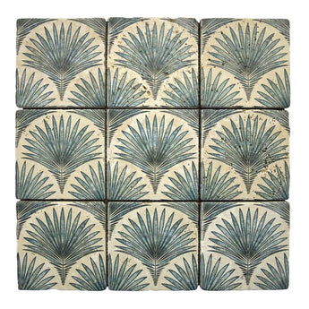 Scallop Travertine Venato mosaic tile with decorative palm-inspired pattern and tumbled finish