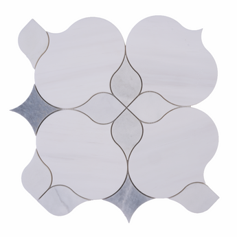 White flower waterjet honed marble mosaic tile by Mythology Tile with intricate floral pattern and smooth, polished surface.