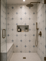 White flower waterjet honed marble mosaic tile sheet by Mythology Tile, showcasing intricate floral pattern and smooth honed surface.