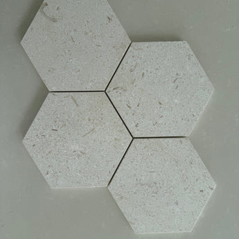 Shellstone Myra 6 Hexagon Tile Honed Mosaic Tile with natural shellstone texture