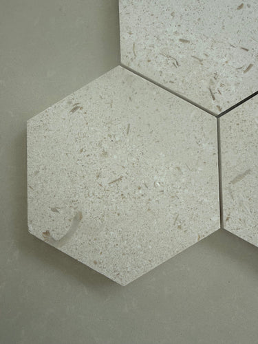 Shellstone Myra hexagon mosaic tile installed on a bathroom floor