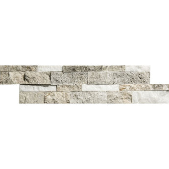 Silver Secil White Marble stacked stone ledger panel by MosaicBros, showing textured 6x24 rectangular stone tiles for wall cladding.
