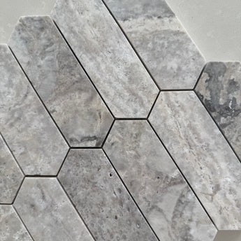 Silver Travertine honed picket mosaic tile with natural silver and gray stone variation