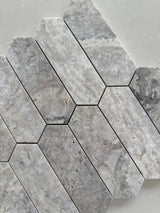 Silver Travertine honed picket mosaic tile with natural silver and gray stone variation