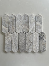 Modern Silver Travertine picket mosaic backsplash in a modern kitchen