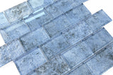 Crystal Aqua Sofia 2x3 glass mosaic tile used as a kitchen backsplash featuring a contemporary large-format mosaic design.