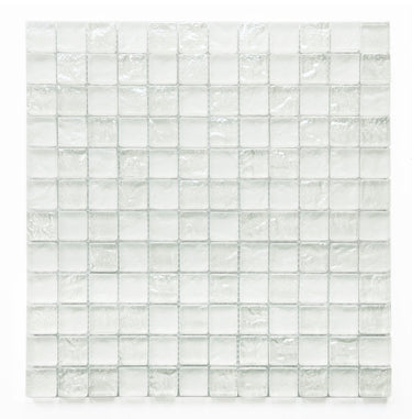 Pool-rated Soho White 1x1 glass mosaic tile installed on a luxury swimming pool waterline with crisp white tones.