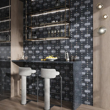 Close-up of Vanta Natural Stone Mosaic Tile by Mir, showcasing textured, earthy stone pieces in a detailed mosaic pattern.