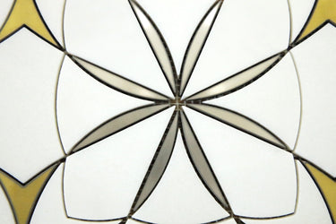 Waterjet Monaco Thassos brass mosaic tile installed on a luxury bathroom wall