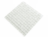 White 1x1 glass mosaic tile used as a kitchen backsplash featuring a classic mosaic pattern and bright white color palette.