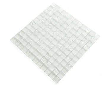 White 1x1 glass mosaic tile used as a kitchen backsplash featuring a classic mosaic pattern and bright white color palette.
