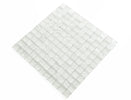 White 1x1 glass mosaic tile used as a kitchen backsplash featuring a classic mosaic pattern and bright white color palette.