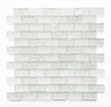 White 1x2 glass mosaic tile used as a kitchen backsplash featuring a classic brick pattern and bright white color palette.