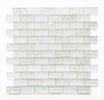White 1x2 glass mosaic tile used as a kitchen backsplash featuring a classic brick pattern and bright white color palette.