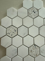 White Dolomite and terrazzo hexagon mosaic tile with contemporary geometric design
