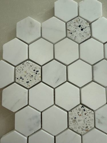 White Dolomite and terrazzo hexagon mosaic tile with contemporary geometric design