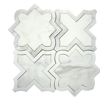 White Dolomite and Turkish Carrara marble waterjet mosaic tile with geometric pattern
