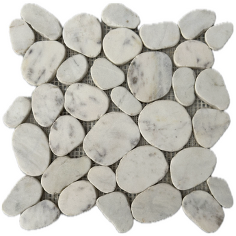 White Mix 11x11 natural stone pebble mosaic tile by Roca, showing a textured pattern of smooth, rounded stone pebbles for flooring or wall.