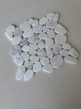 White Mix 11x11 natural stone pebble mosaic tile from Roca, showcasing a textured, decorative stone tile for interior or exterior walls.