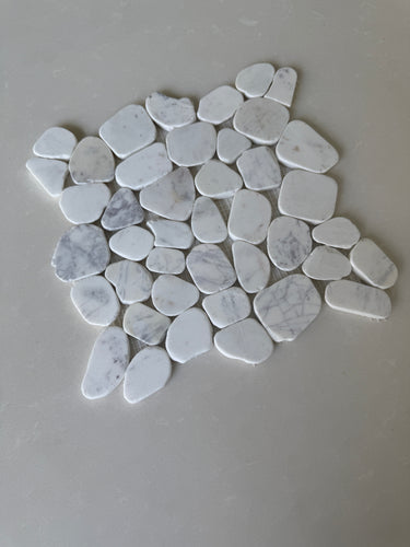 White Mix 11x11 natural stone pebble mosaic tile from Roca, showcasing a textured, decorative stone tile for interior or exterior walls.