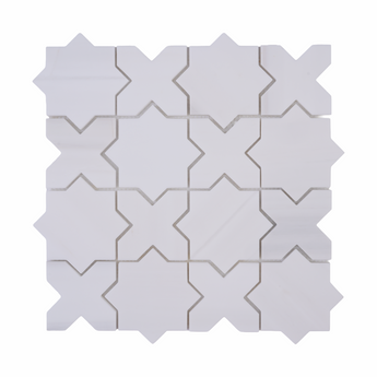 White Thales Dolomite marble mosaic tile sheet by Mythology Tile, featuring honed, natural stone surface and intricate mosaic pattern.
