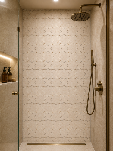 White Thales Limra honed marble mosaic tile by Mythology Tile, showing a close-up of the textured, smooth surface for shower flooring.