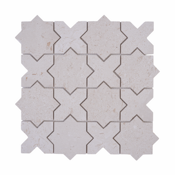 White Thales Limra honed marble mosaic tile by Mythology Tile, featuring a smooth, elegant white marble design for interior accents.