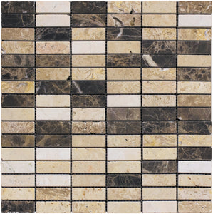 MARBELLA PORT BLEND Emperador Dark/Beige Travertine Mosaic Tile.
