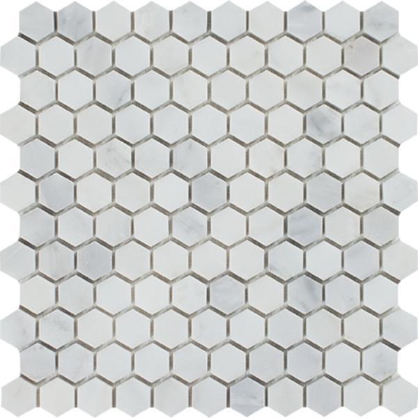 1 x 1 Honed Oriental White Marble Hexagon Mosaic Tile.