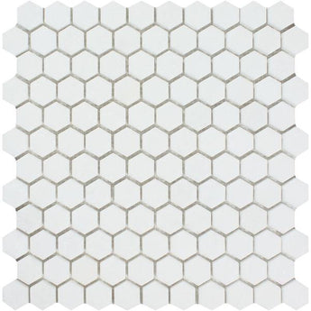 1 x 1 Honed Thassos White Marble Hexagon Mosaic Tile.