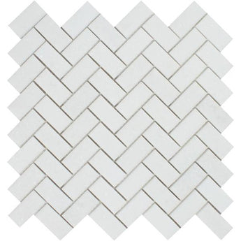1 x 2 Honed Thassos White Marble Herringbone Mosaic Tile.