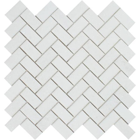 1 x 2 Honed Thassos White Marble Herringbone Mosaic Tile.