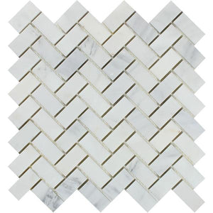 1 x 2 Polished Oriental White Marble Herringbone Mosaic Tile.