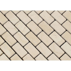 1 x 2 Tumbled Crema Marfil Marble Brick Mosaic Tile.